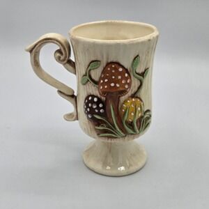 Vintage 70s Hand Painted Ceramic Mushroom Footed Mug Folkart Retro Kitchen Decor